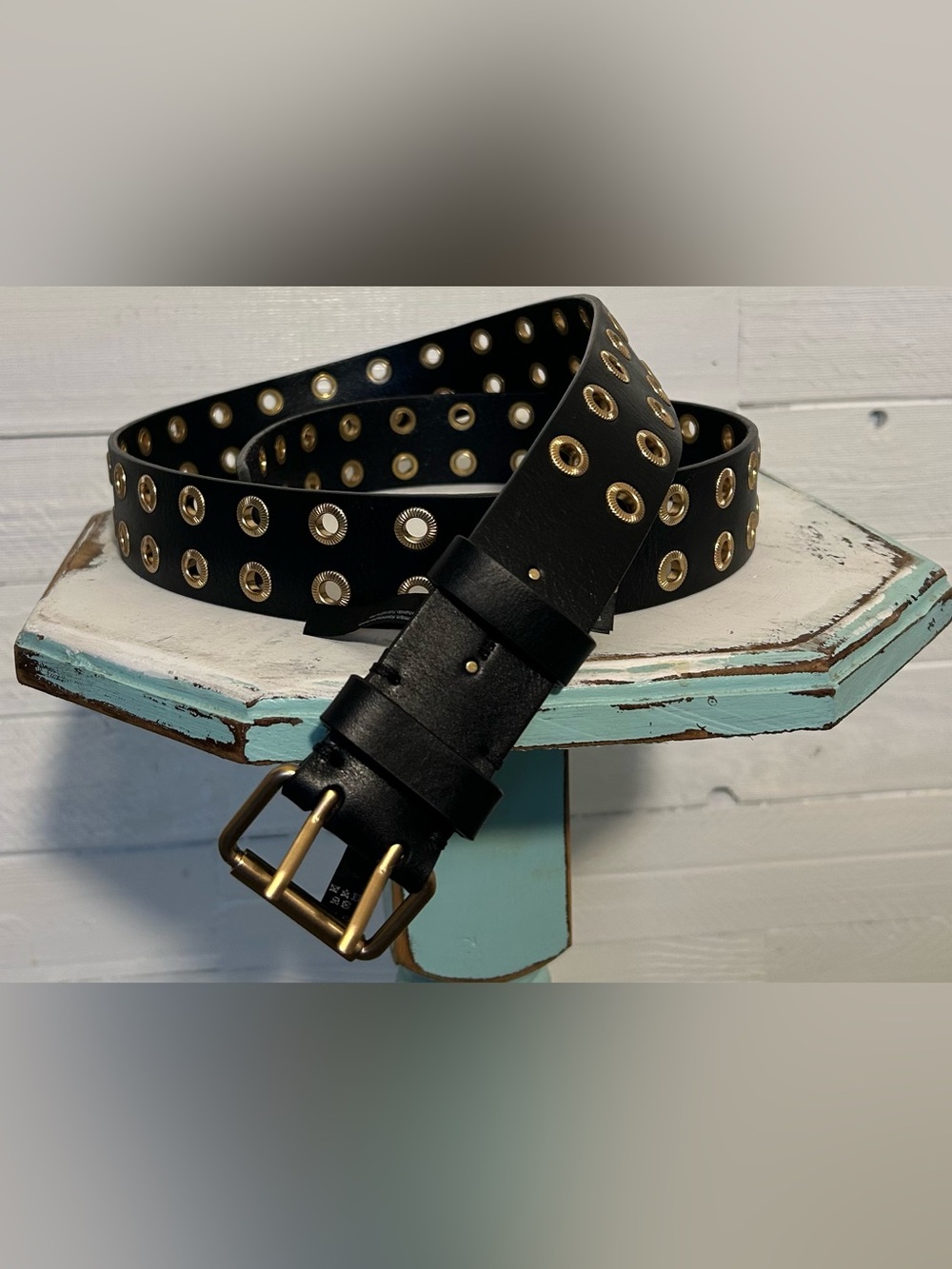 All Saints Black Leather Abigail Belt with Gold buckle/rivets, women’s L/XL, new